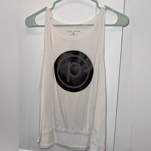PURE BARRE white cropped tank with leather-y and mesh circle P